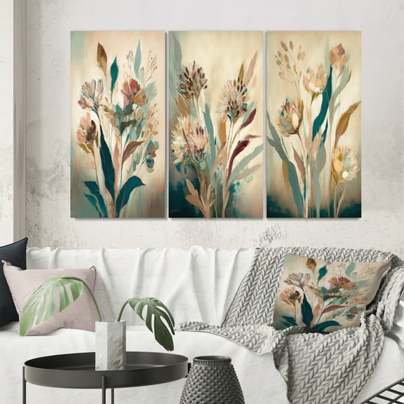 Designart "Wildflowers in Faded Vintage Palette II" Floral Wall Art Set Of 3 - Traditional Beige Gallery Wall Set For Home Decor