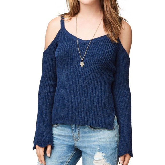 Aeropostale Womens Cold Shoulder Textured Pullover Sweater, Blue, Medium