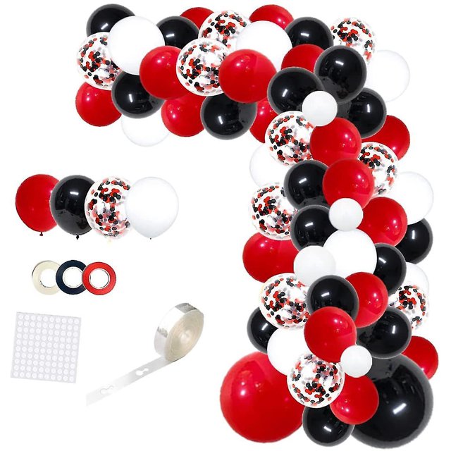 Kit de 94 globos de confeti negro y rojo, 12 pulgadas, globos de confeti negro, rojo y blanco con cinta de globos para bodas, cumpleaños