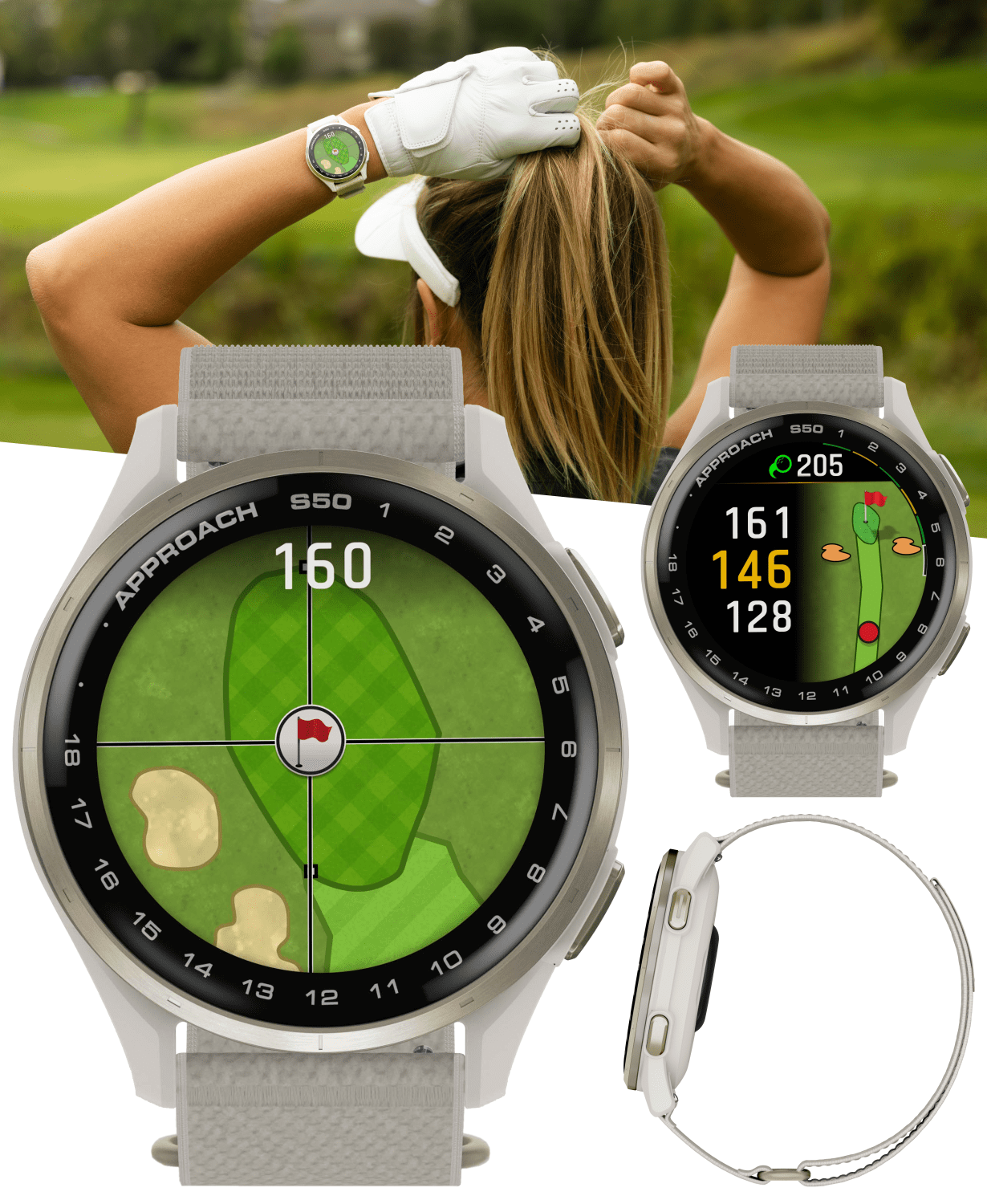 Garmin Approach S50 Golf GPS Smartwatch Cream Gold Aluminum Bezel with Ivory ComfortFit Nylon Band, CT1 Club Tracking Tags with Wearable4U Power Bank Bundle