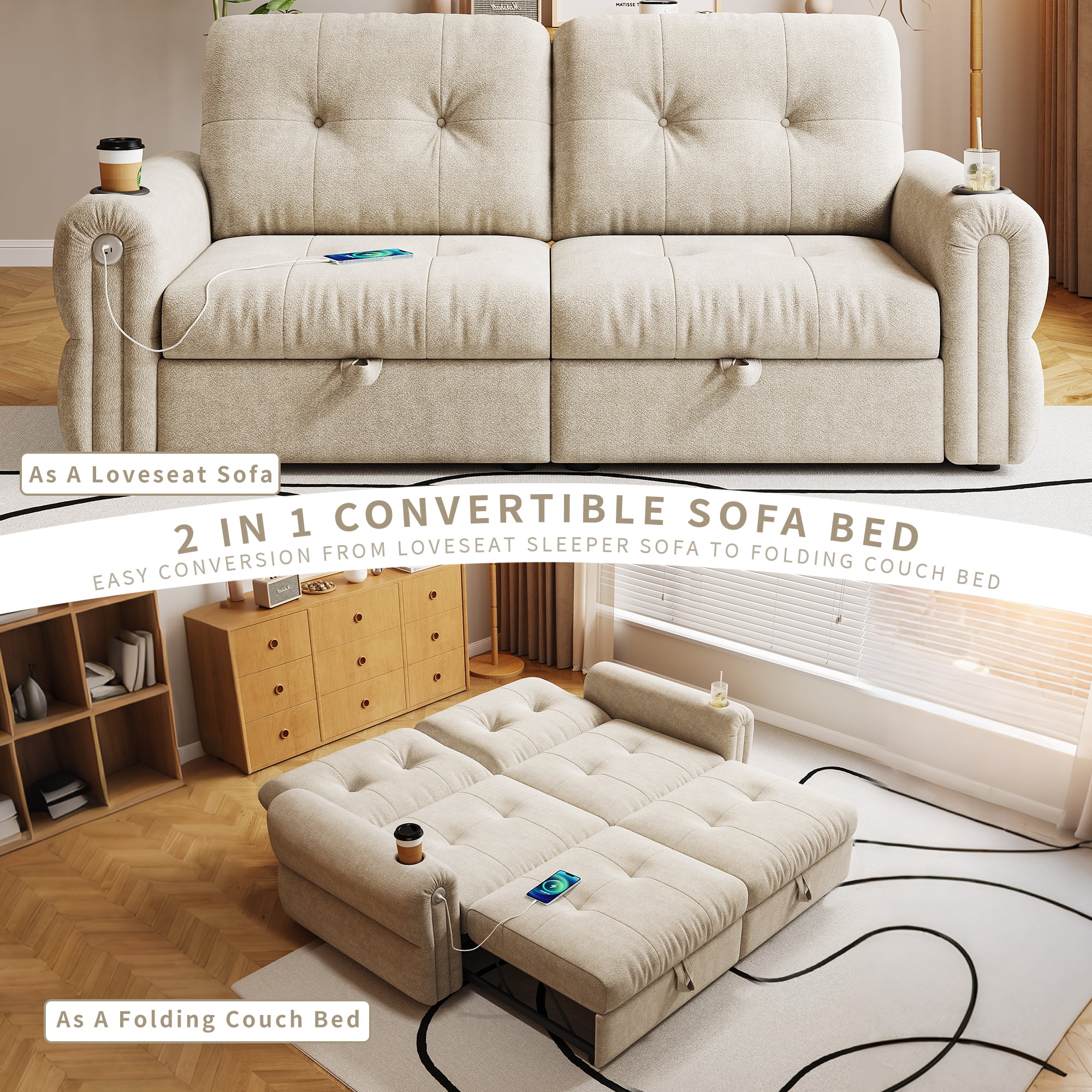 LLappuil 77" Pull Out Sofa Bed Queen Size, Loveseat Sofa Convertible Sofa Bed with USB Port Cupholders, Chenille Sofa Couch for Living Room Beige