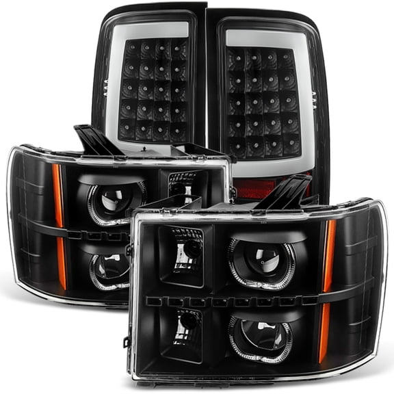 AKKON - For [Dual LED Ring] 07-13 Sierra Pickup Truck Black Projector Headlights   LED Tail light Set