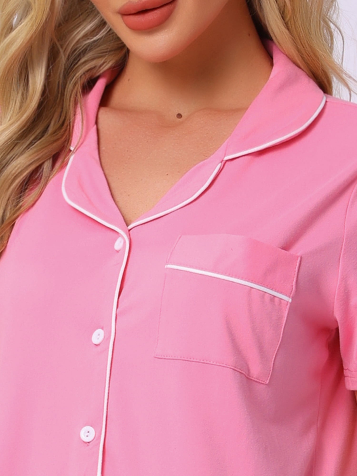 DARING DIVA Women's Pajama Set Button Down Soft Short Sleeve Long Pants M Light Pink