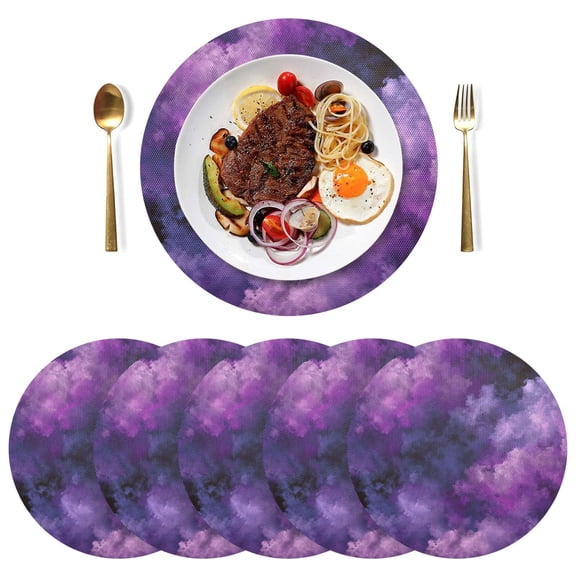 15 Inch Round Grid Plate Mats Heat Non-Slip Resistant PVC Placemats for Kitchen Dining Table Decor Purple and Black Tie-dye Texture 1PCS
