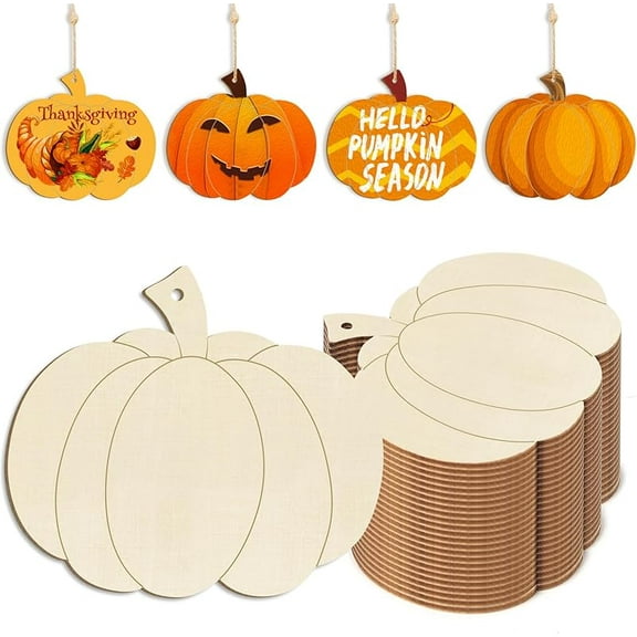 Wooden Pumpkins Ornaments to Paint Halloween Thanksgiving Decoration Cutouts Unfinished 24PCS 3.5 inches, DIY Blank Unfinished Pumpkin Wood Discs Ornament for Home Harvest Crafts Hanging Autumn