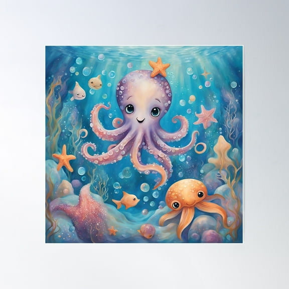 Adorable Underwater Octopus Kingdom Poster Wall Art, Modern Wall Decor For Living Room Bedroom, 17x17 UNFRAMED