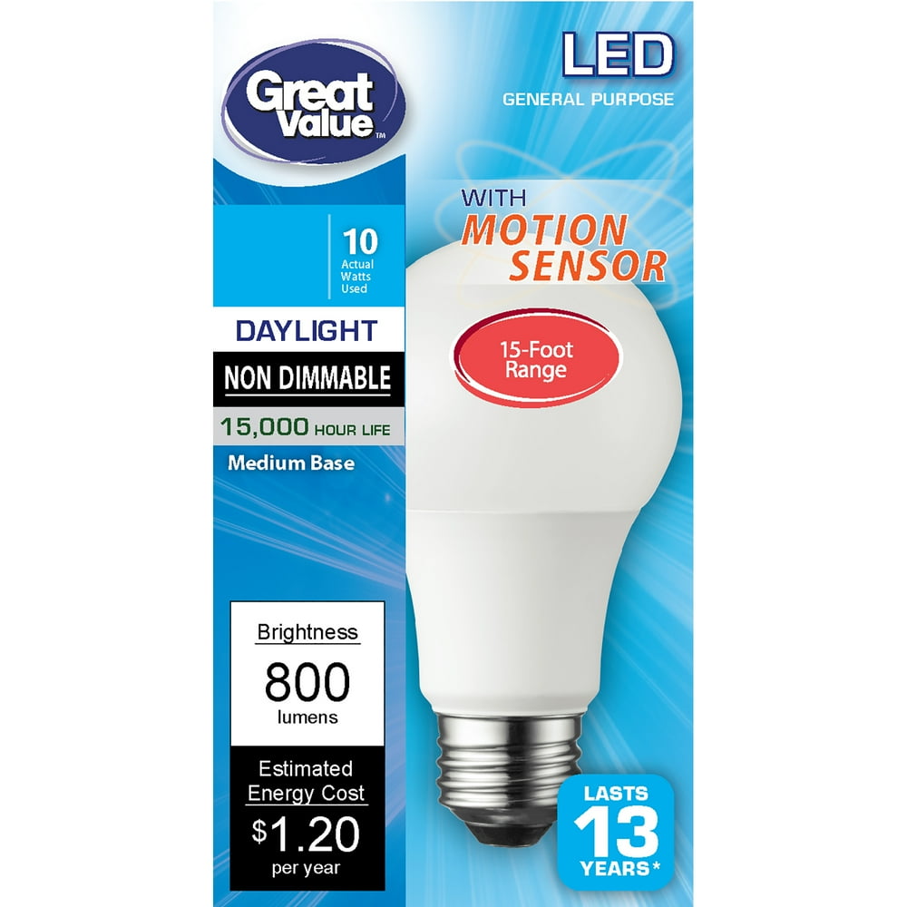 Great Value LED Light Bulb, 10 Watts (60W Equivalent) A19 Motion Sensor