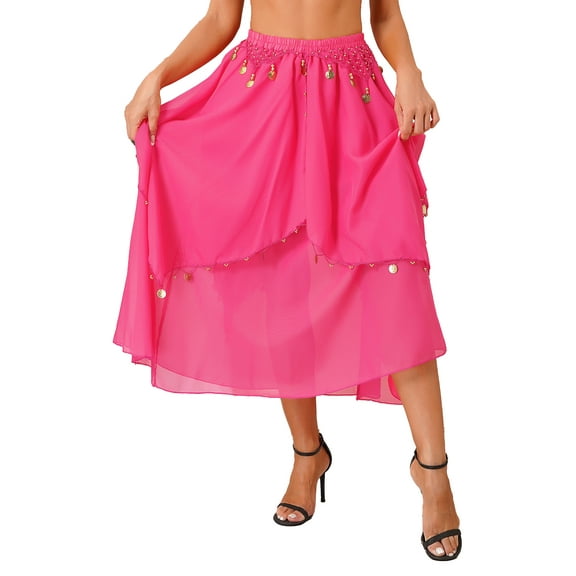 YIZYIF Womens Belly Dance Performance Costume Sequin Beaded Chiffon Skirt Indian Dance Costume Hot Pink One Size
