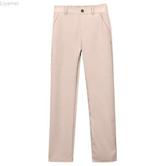 Liyamei Girls Uniform Pants Kids Dress Pants High Stretchy with Pockets Size Beige 5-6 Years