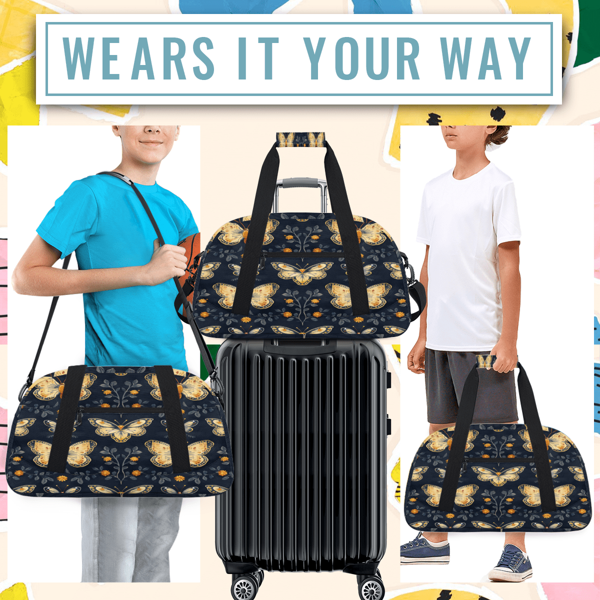 Herdesigns Floral Butterflies Sports Duffle Bag for Women & Men, Butterfly Gym Bag Dance Bag Overnight Bag Carry On Weekender Travel Bag