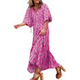 thumbnail image 2 of Ayolanni Geometric Print Women Summer Dresses Puff Sleeve 3/4 Sleeve V-Neck Hawaii Maxi Shift Dress Ruched Knee Length Beach Vacation Boho Sundress Pink L, 2 of 7