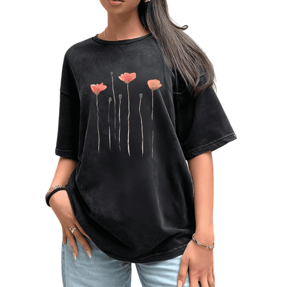 Women's cotton Black Print Tshirt Graphic Tees Poppy Flower Pattern Shirts S-2XL Casual Daily Tops