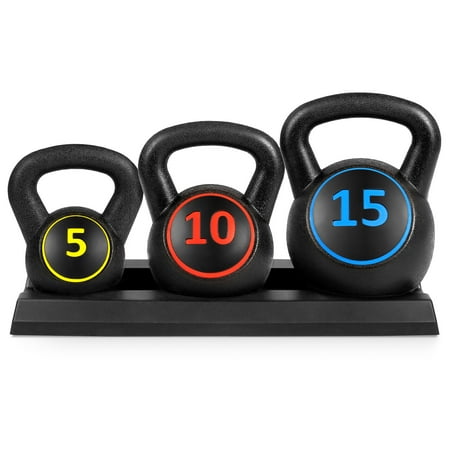 Best Choice Products 3-Piece HDPE Kettlebell Exercise Fitness Weight Set for Full Body Workout w/ 5lb, 10lb, 15lb Weights, Wide Grips, Base Rack - (Kettlebell Swing Best Exercise Ever)