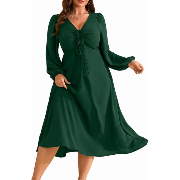 Fall Wedding Guest Dresses for Women Plus Size V Neck Long Sleeve Tie Front Cocktail Maxi Dress with Pockets