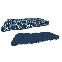 Jordan Manufacturing 44" x 18" Fandango Oceanic Blue Quatrefoil and Chestnut Oceanic Blue Stripe Reversible Rectangular Tufted Contoured Outdoor Wicker Settee Bench Cushion