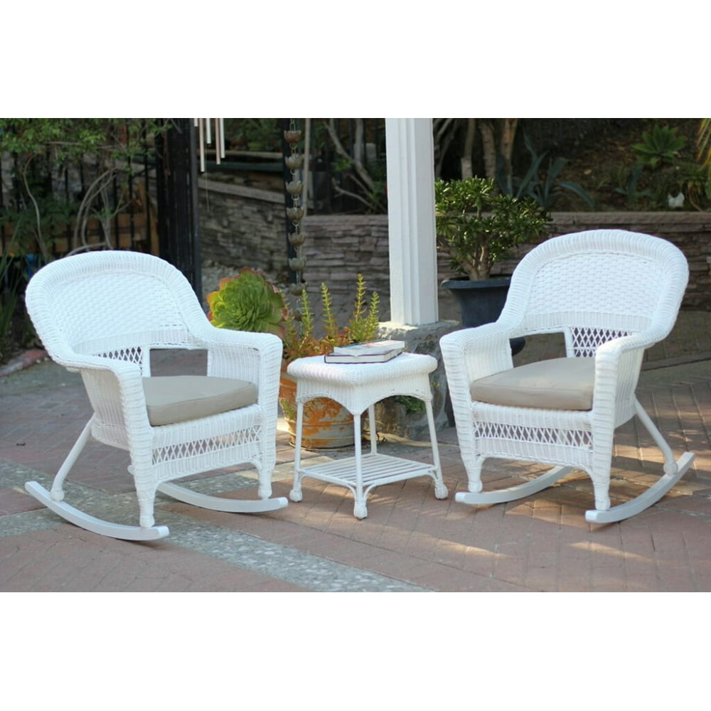 3-Piece Ariel White Resin Wicker Patio Rocker Chairs and Table