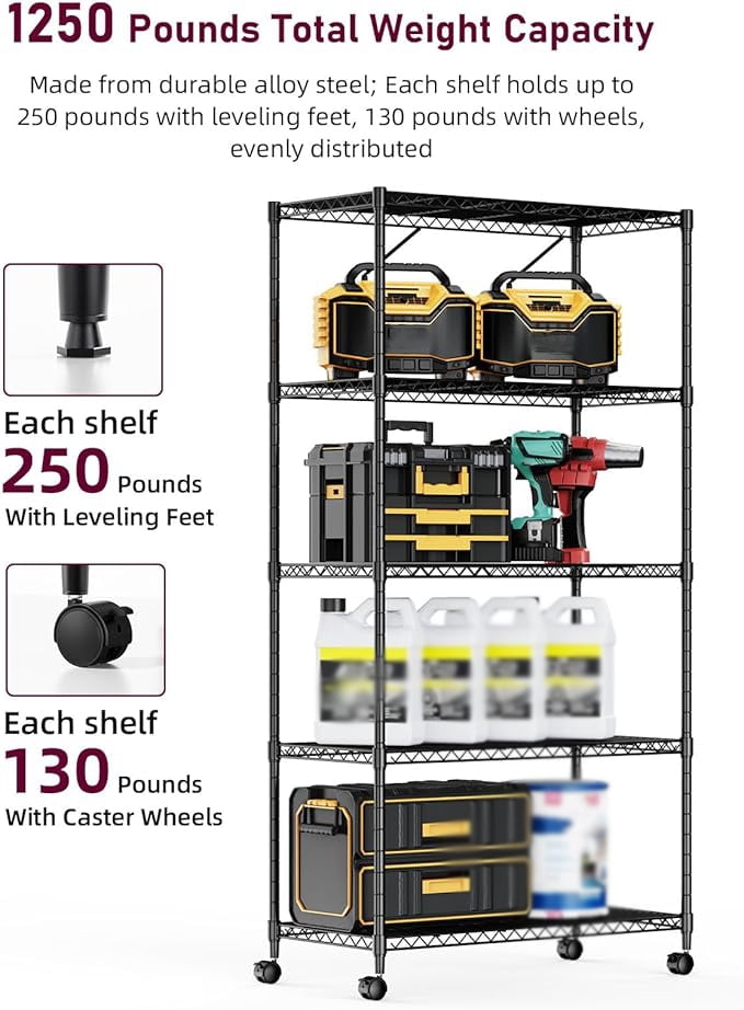 5-Tier Wire Storage Shelves,1250 Lbs Loading Capacity,29.92" W x 13.98" D x 61.02" H,Black