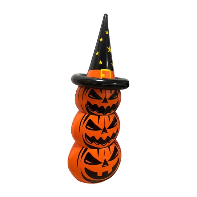 Calabazas inflables de Halloween con sombrero de bruja. Adorables calabazas inflables gigantes de Halloween. naranja