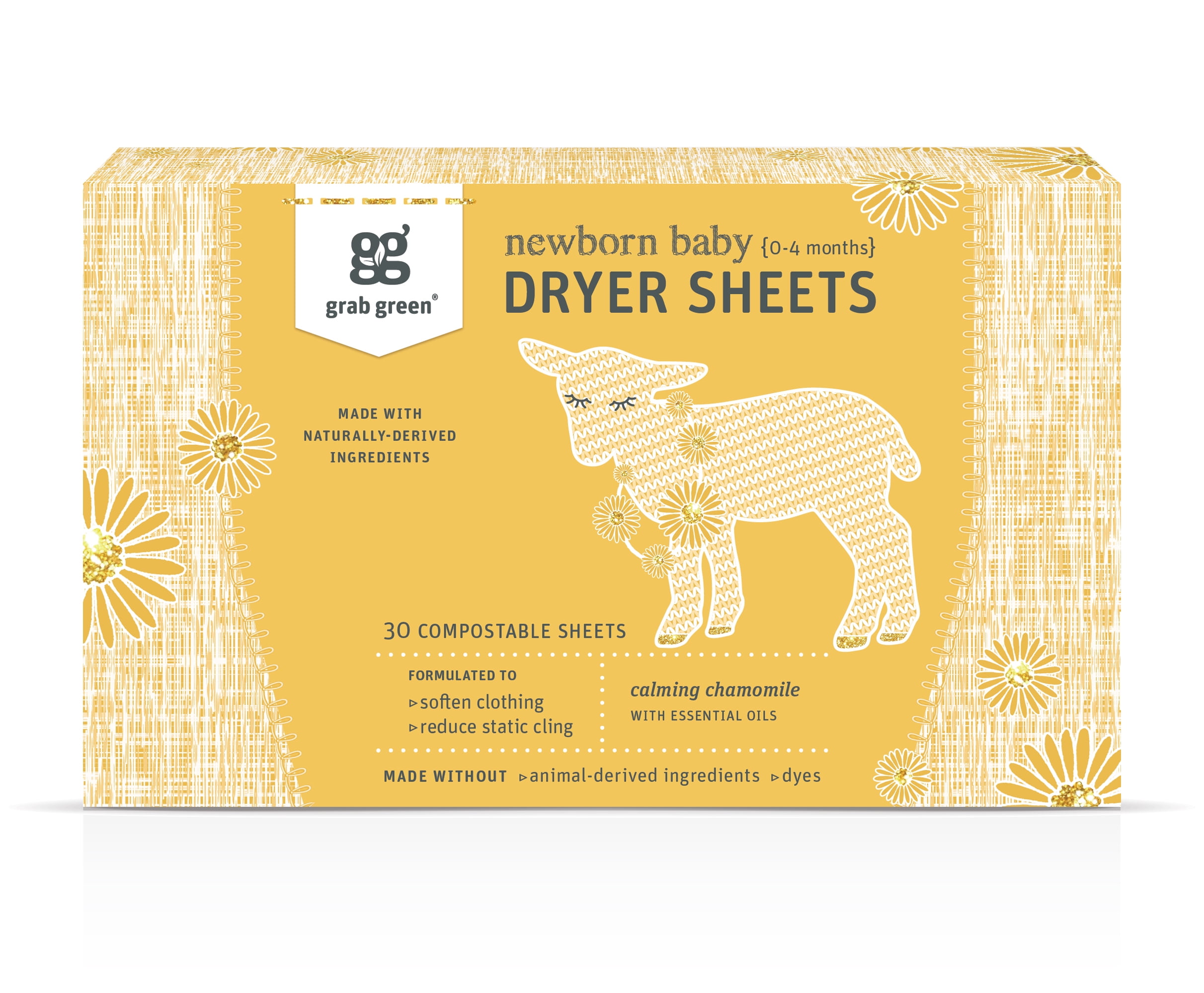 Grab Green Newborn Baby Dryer Sheets - Natural Scent Booster and Fabric Softener to Reduce Wrinkles and Static (Calming Chamomile