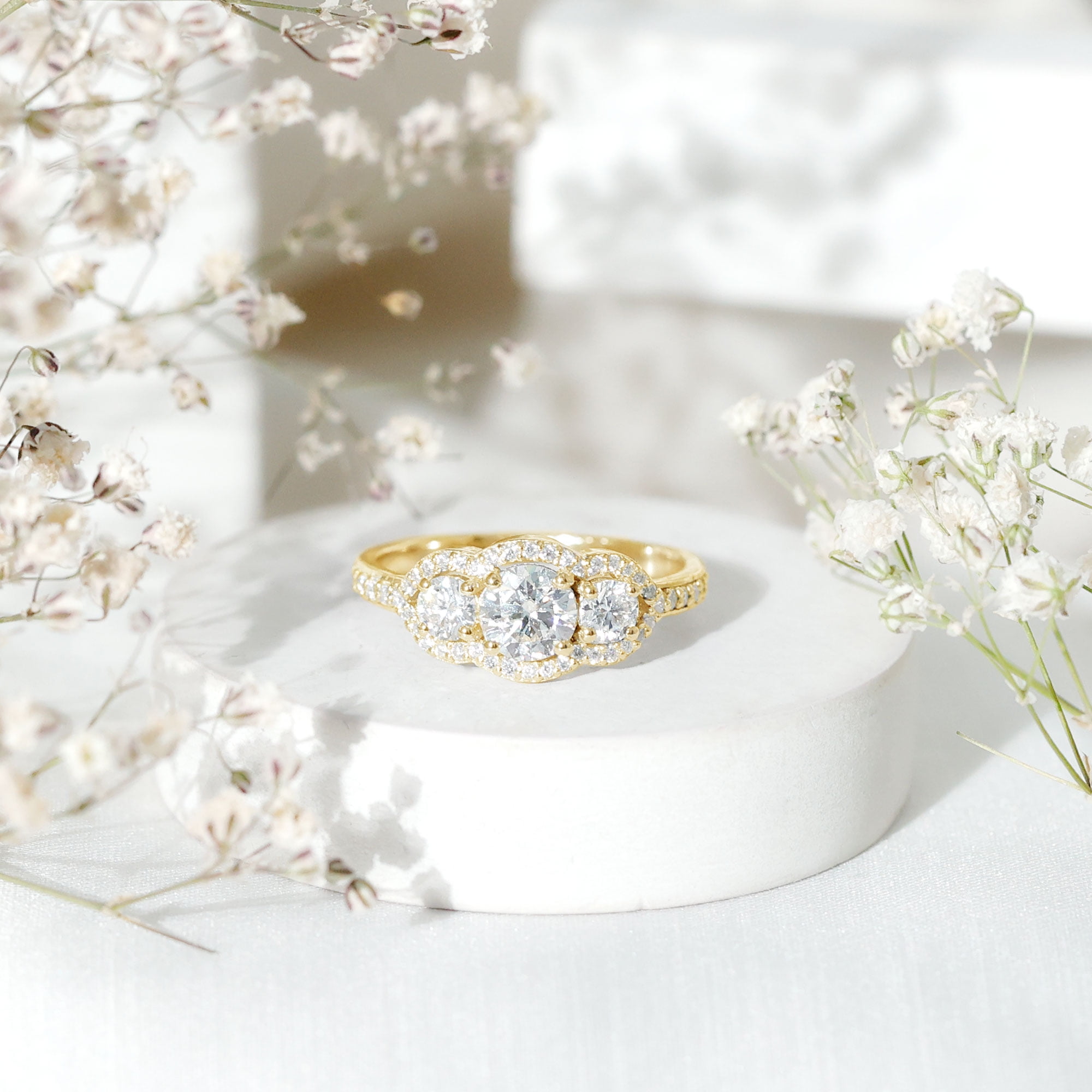 Rosec Jewels Certified Moissanite 3 Stone Engagement Ring for Women - D-VS1 Quality - Statement Ring - with Jewelry Box, 10K Yellow Gold, US 3.00