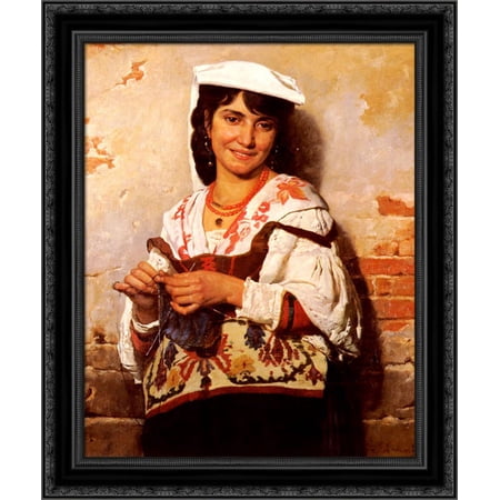 Jeune Fille Italienne 20x24 Black Ornate Wood Framed Canvas Art by Bonnat, Leon Joseph Florentin