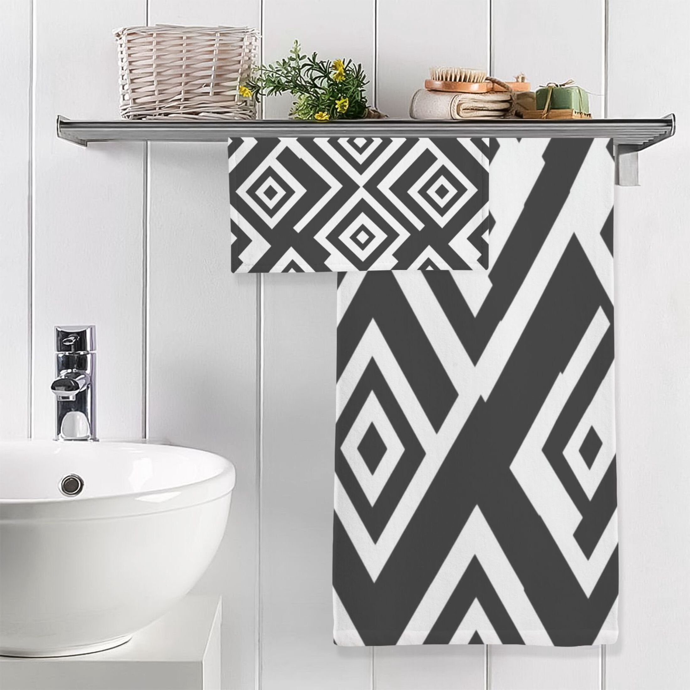 Black and White Texture 2 Piece Cotton Bath and Face Towel Set Soft and Absorbent, for Beach Pool Bathroom