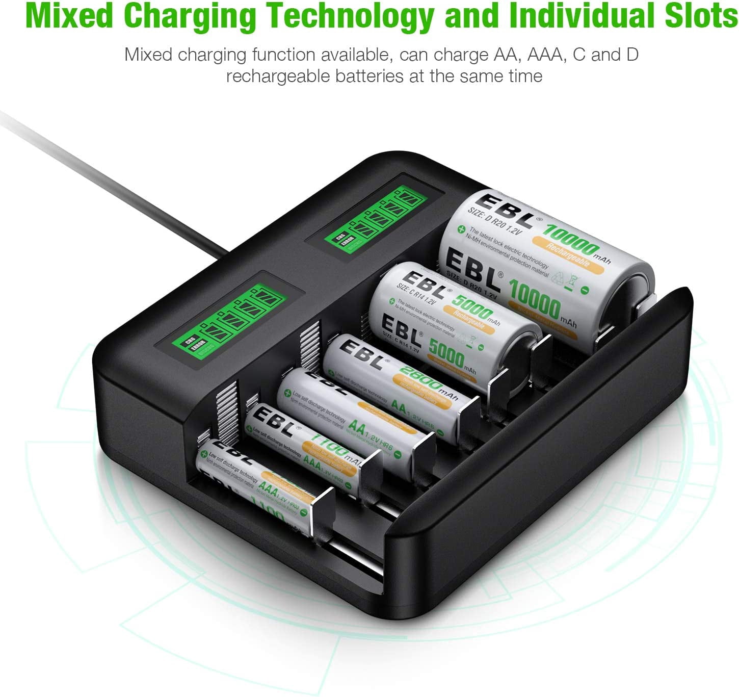EBL Battery Charger for AA/AAA/C/D Rechargeable Battery with 1.2V NiMH Rechargeable AA Battery 2800mAh(4Pcs) and 1100mAh AAA Battery(4Pcs) Combo