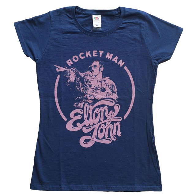 Elton John - Camiseta Rocket Man Imagen en Círculo para Mujer (Azul Marino)