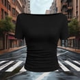 thumbnail image 5 of hoksml Women's Ribbed Boat Neck Elbow Sleeve Top, Side Ruched Slim Fit Crop Shirt for Summer Casual Wear, 5 of 5
