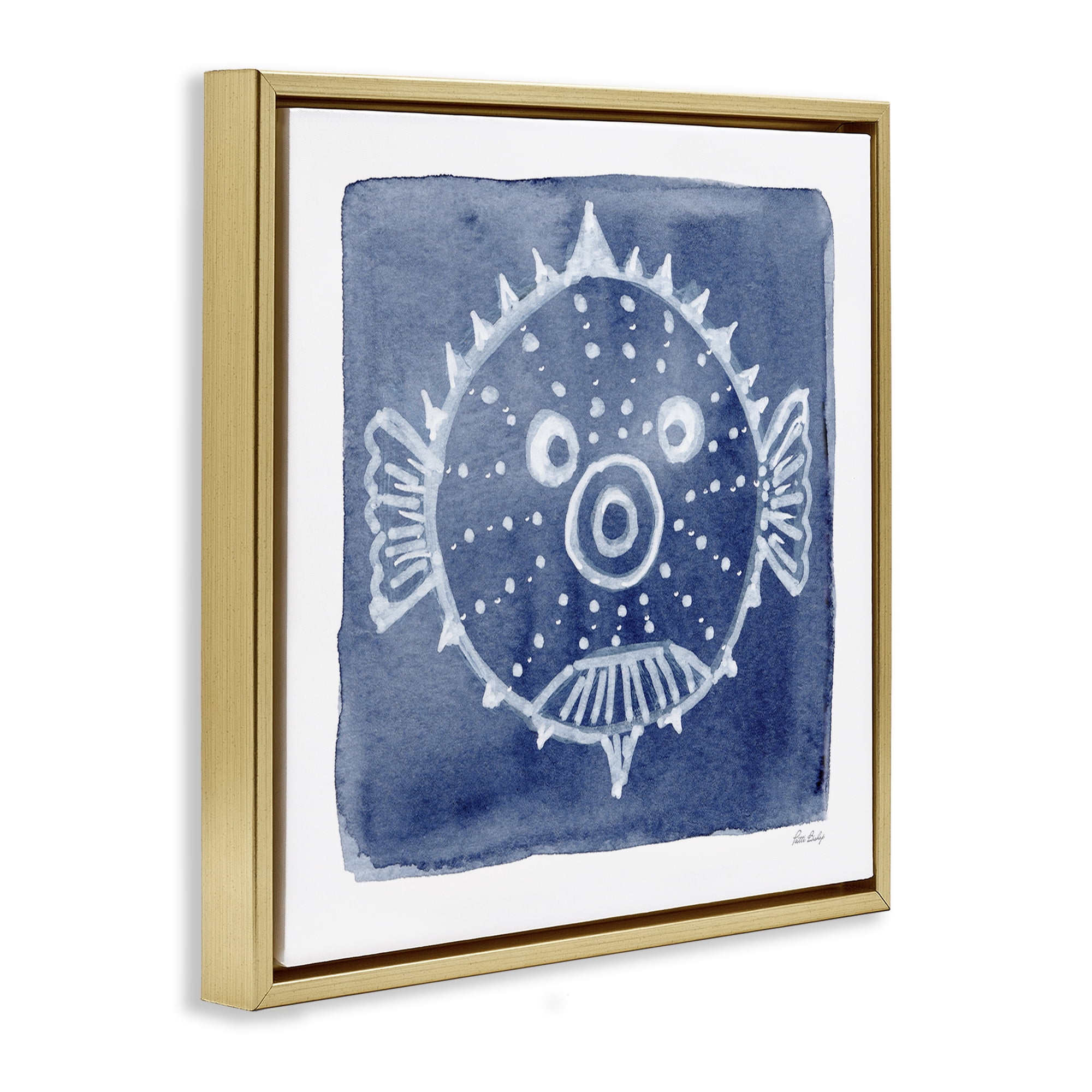 Stupell Industries White Blow Fish on Indigo Gold Framed Floater Canvas Wall Art, design by Patti Bishop