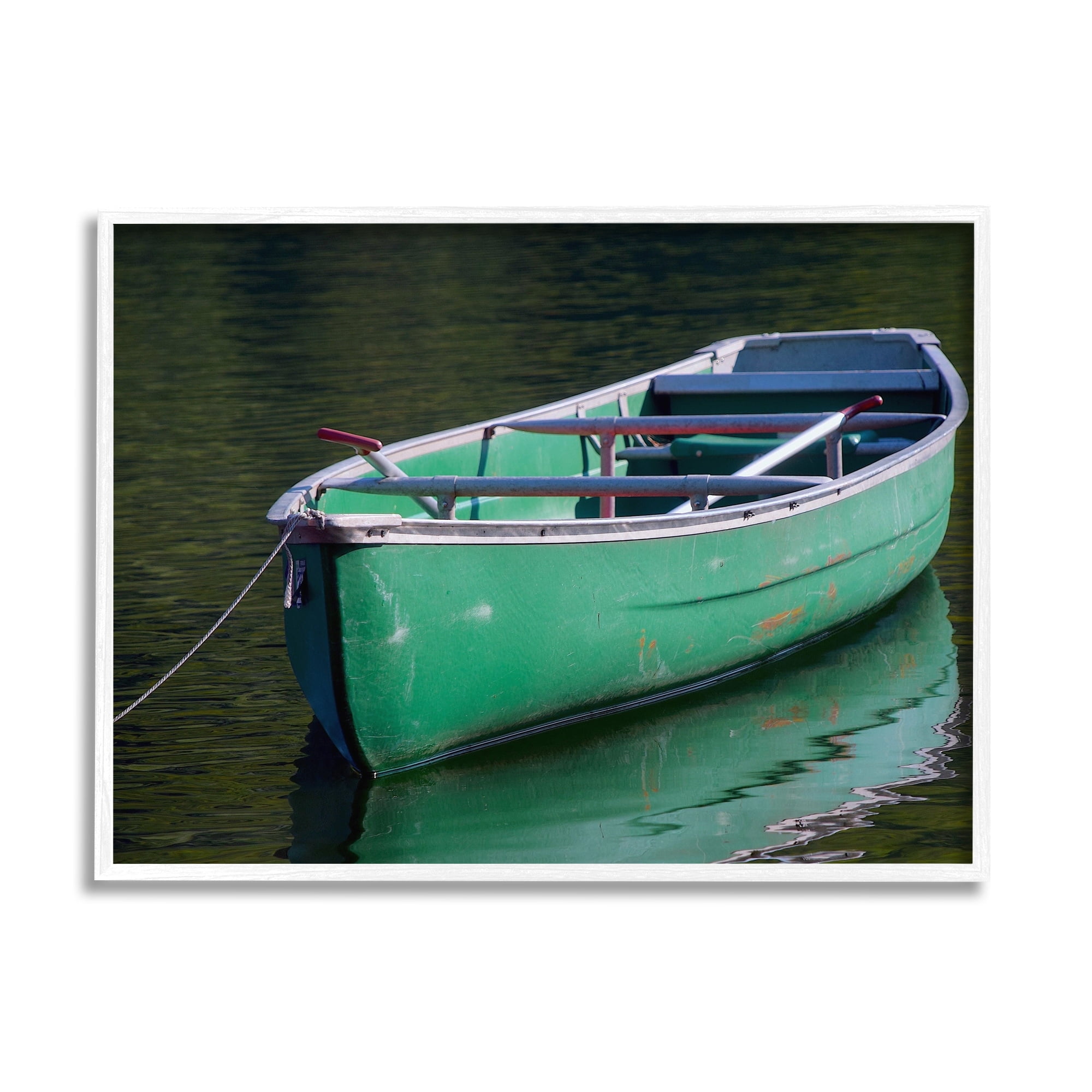 Stupell Industries Green Rowboat Canoe Floating Lake Dock Photography Photograph White Framed Art Print Wall Art, Design by Daphne Polselli