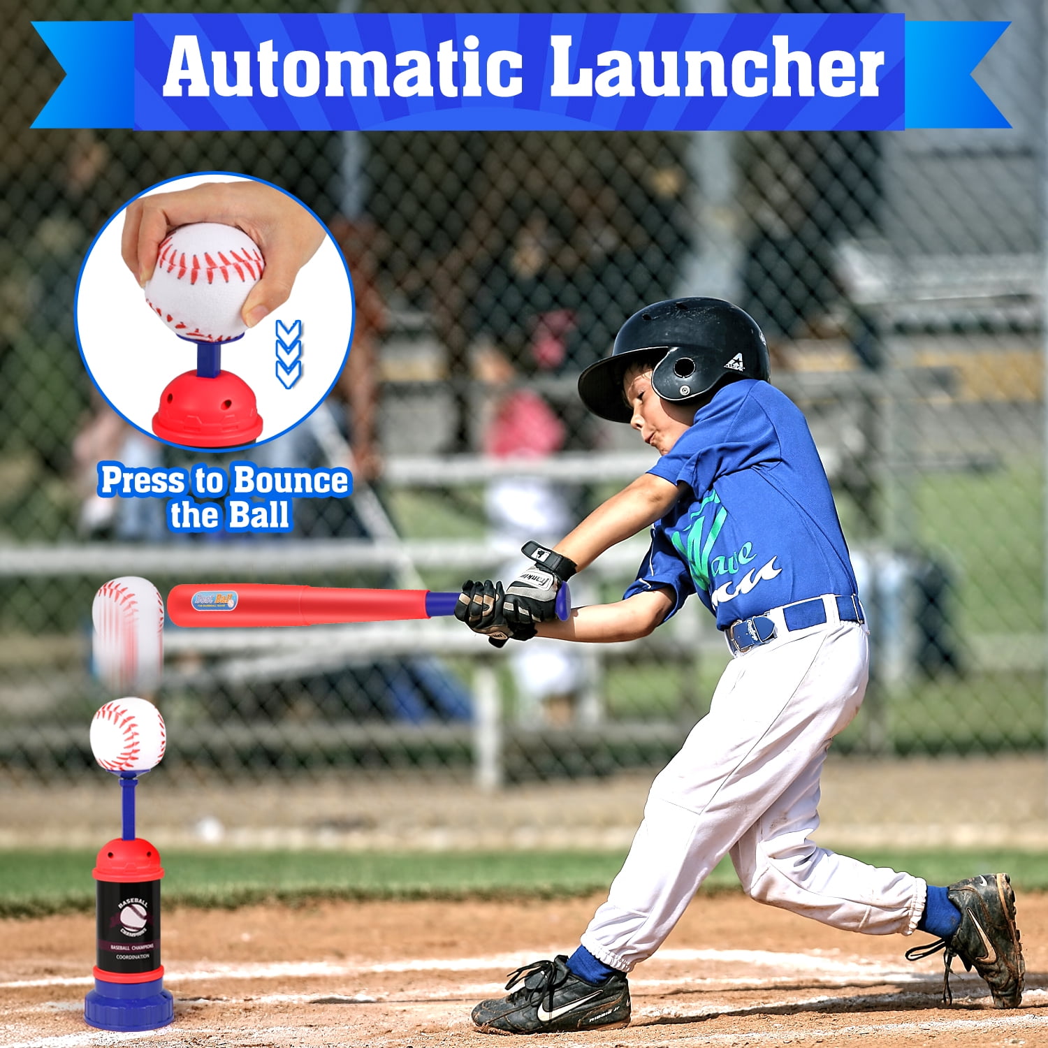 Beefunni 3-in-1 Baseball Set for Toddlers Kids 3-8 - Tee Ball Stand, Hanging Tee, Ball Launcher and 6 Baseballs -  Indoor/Outdoor Sport Gifts for Boys (Red&Blue)