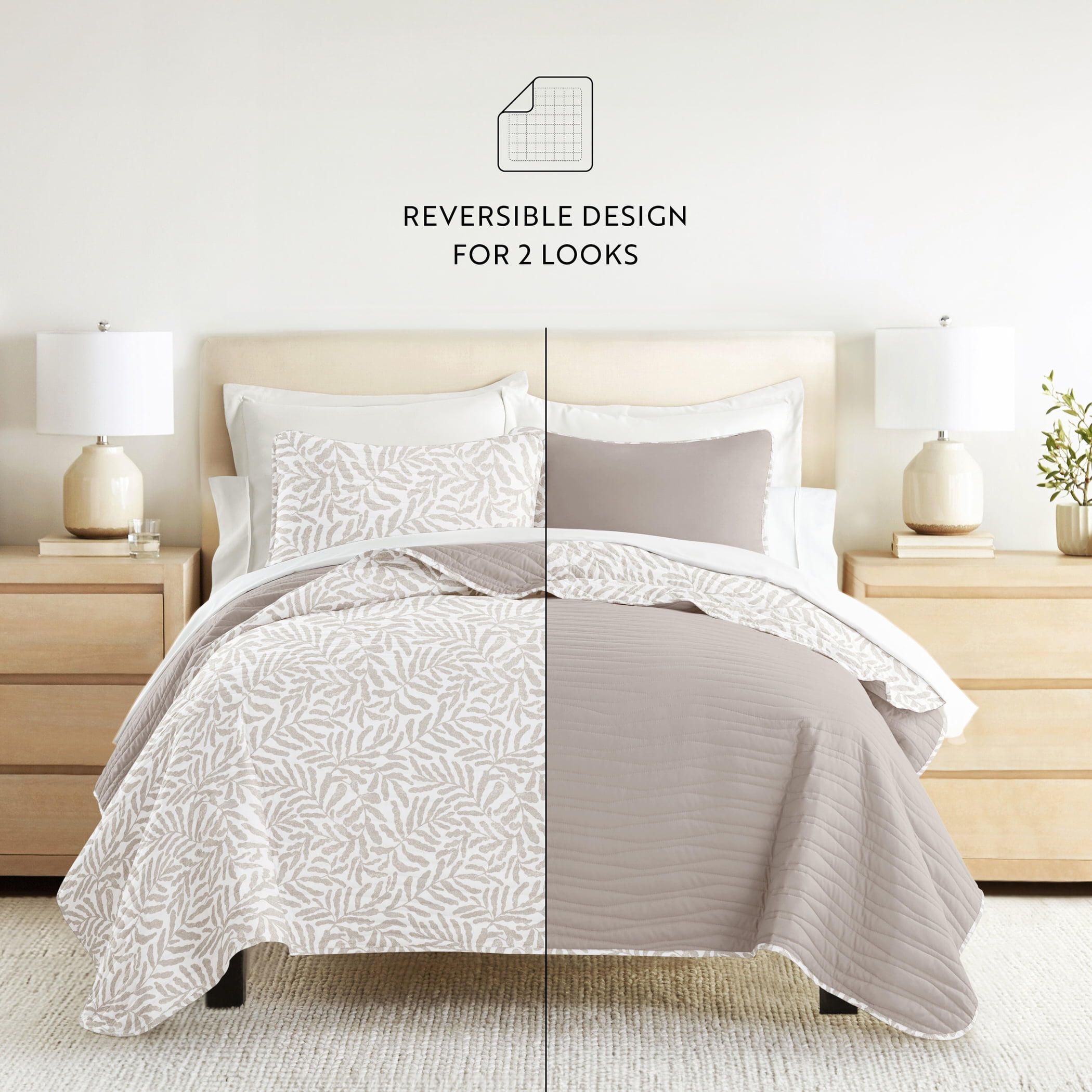 Noble Linens 3-Piece Taupe Tossed Ferns Reversible Quilt Set, Queen