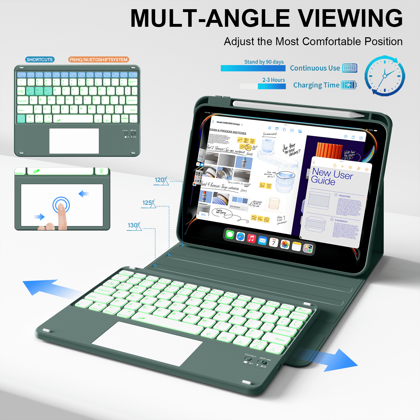 Kenke Keyboard Case Compatible for iPad (A16) 11/10th Generation 11/10.9 inch 2025/2020, Folio Cover with Pencil Holder,Multi-Touch Trackpad, 7 Color Backlit,Detachable Bluetooth Keyboard, Dark Green