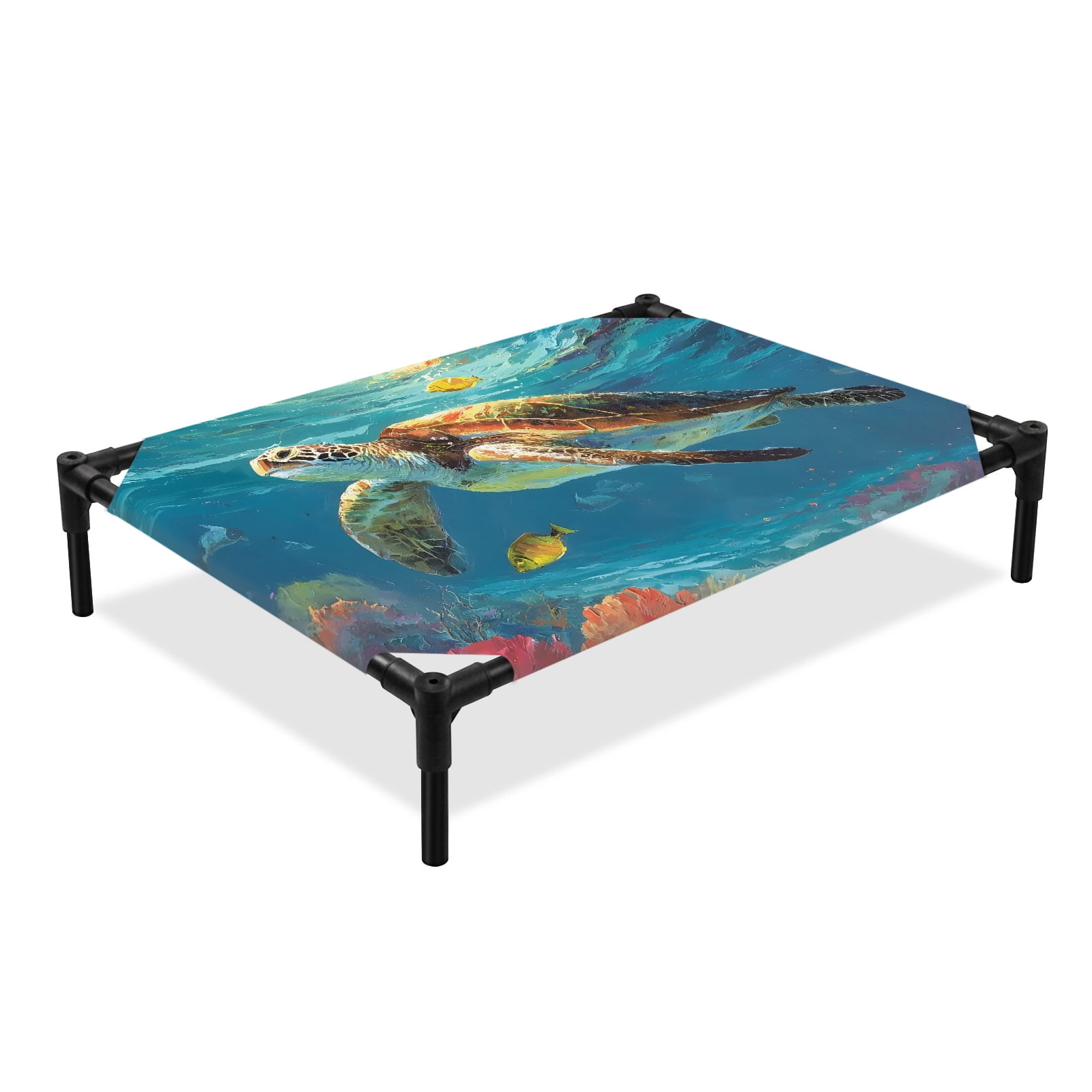 Sea Turtle Elevated Dog Bed Art Abstract Coastal Marine Life Reef Abyss Coral Cooling Breathable Outdoor Raised Dog Cot Bed with Metal Frame Non-Slip Feet for Large Dog 28x22in