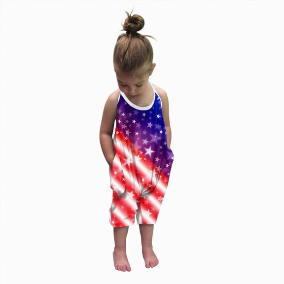 Splozh Baby Girl 4th of July Outfit 1T 2T 3T 4T 5T 6T American Flag Spaghetti Strap Overalls Romper Jumpsuit Toddler Summer Clothes,Purple,3-4 Years