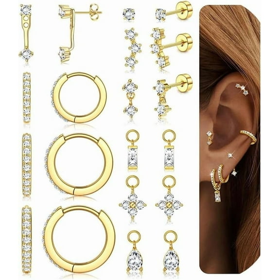Hypoallergenic 14K Gold Earrings Women Surgical Steel Cartilage Earring Helix,Conch,Tragus,and Cartilage Piercings Plated Flat Back for - Stainless Hoop Set - FlatBack Stud Stack with CZ[m987]