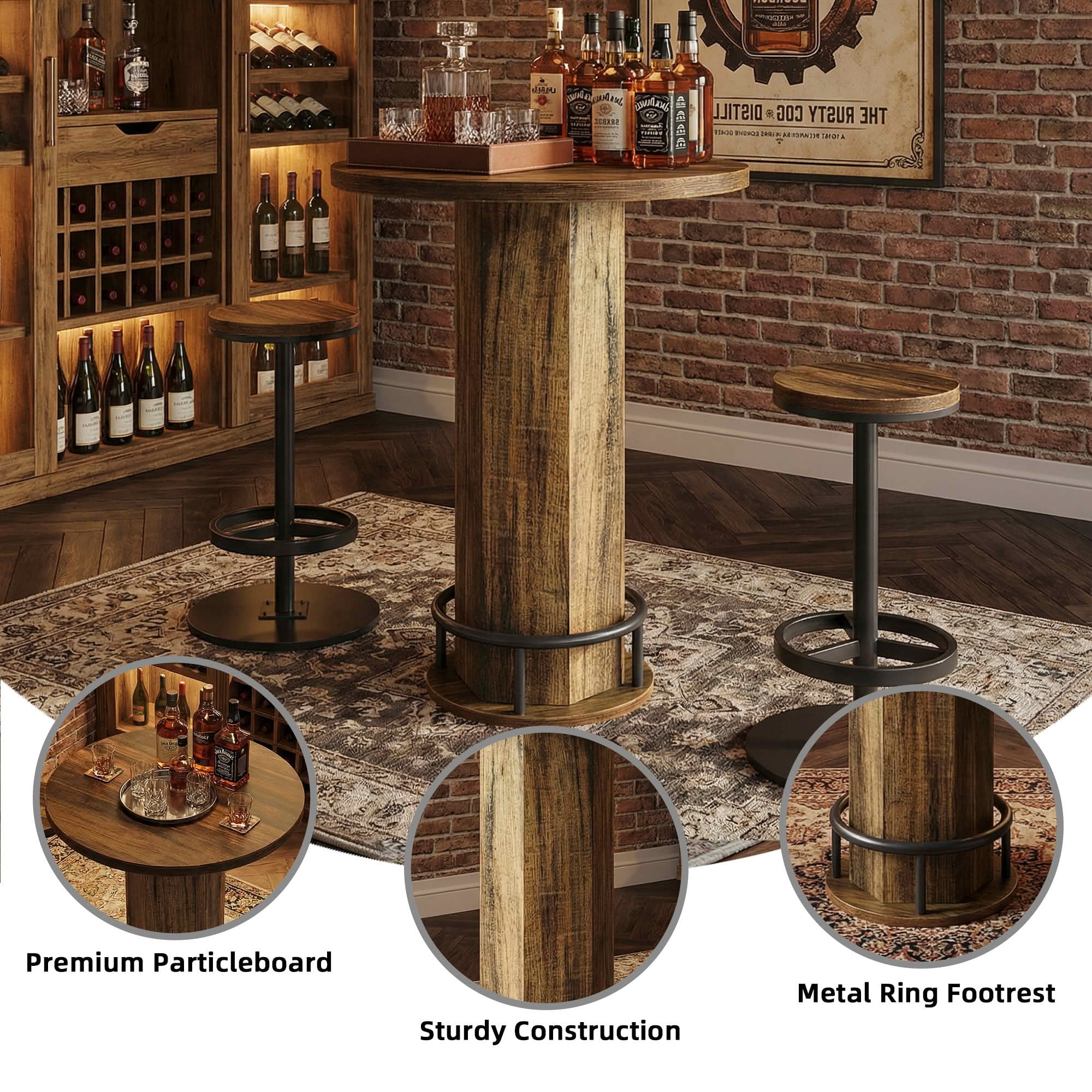 MAYEERTY Bistro Set with 2 Barstools, Round Pub Cocktail Table and Chairs, Modern Farmhouse Industrial Bar Height Dining Set for Small Space