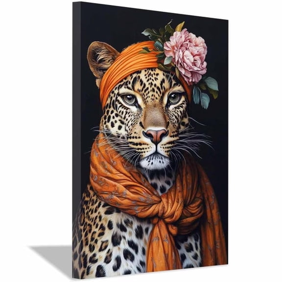 Mudket Framed Leopard with Floral Headscarf Canvas Wall Art, Stylish Animal Print Wall Decor, Ready to Hang for Women Bedroom Living Room - 12"L x 8"W