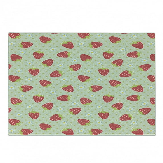 Fruits Cutting Board, Spring Daisy Blooms Fresh Strawberry Polka Dots Cheerful Life Cartoon Art, Decorative Tempered Glass Cutting and Serving Board, Small Size, Pale Green Red, by Ambesonne
