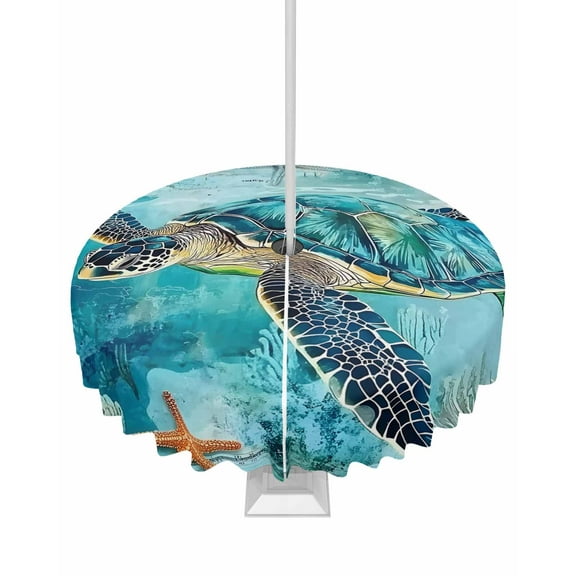 Hokiten Outdoor Tablecloths with Umbrella Hole & Zipper, Turquoise Turtle Round Tablecloth 54 Inch, Farmhouse Coastal Starfish Seaweeds Waterproof Table Cloth, Patio/Pool/Picnic Table Covers