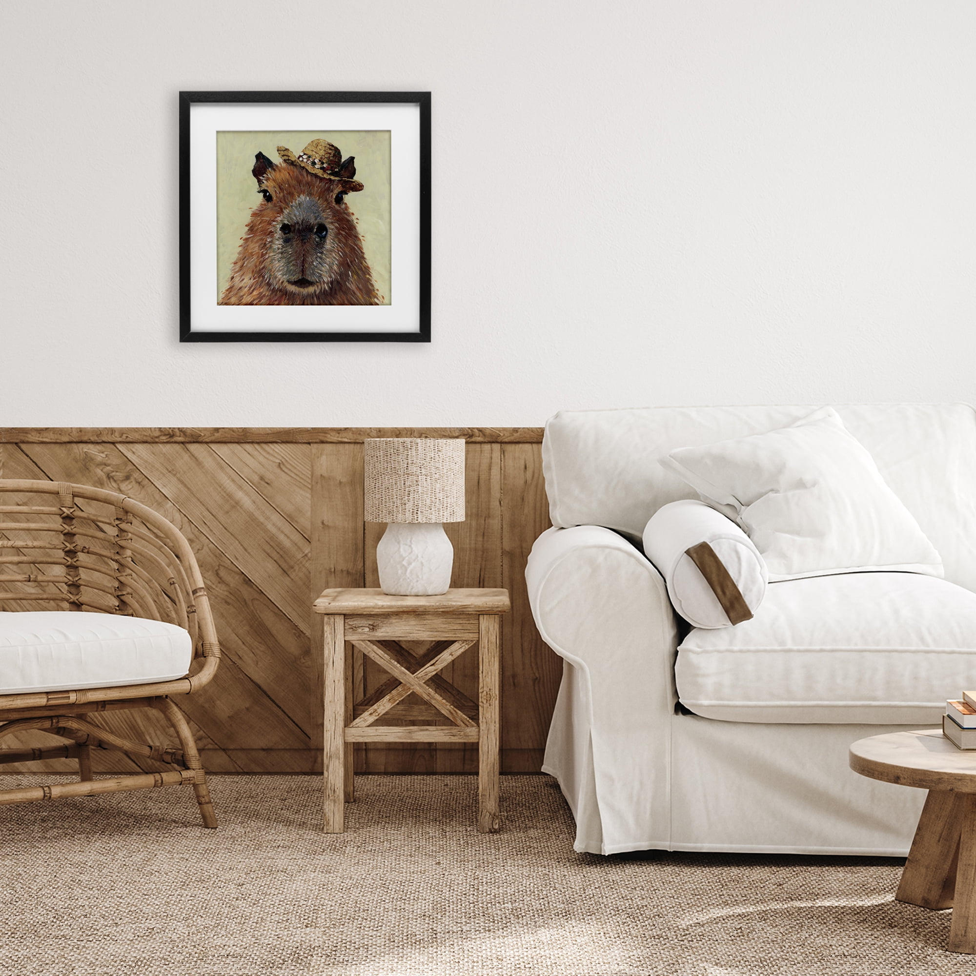 Stupell Industries Capybara with Straw Hat Black Framed Print Under Glass, design by Studio Bautista