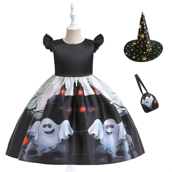 KAWELL Girls Costume Halloween Party Witch Bat Pumpkin Dress with Witch Hat and Bag Fancy Dress up