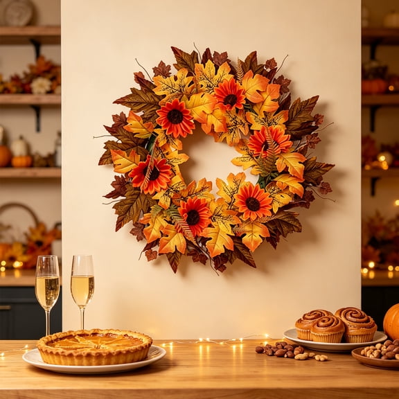 21 Inch Artificial Fall Wreath for Front Door, Thanksgiving Maple Leaf Wreath with Sunflower, Farmhouse Autumn Harvest Ornament for Porch Wall Window Home Decor
