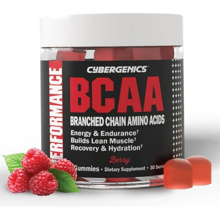 Cybergenics BCAA Gummies, Branched Chain Amino Acids, Build Lean Muscle, Boost Endurance, Energy, Electrolytes, 60 Gummies, 30 Servings, Berry Flavored