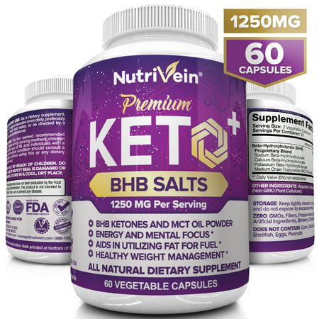 Nutrivein Keto Diet Pills 1250mg Advanced Ketogenic Diet Weight Loss Supplement - BHB Salts Exogenous Ketones Capsules - Effective Ketosis Diet Fat Burner, Carb Blocker, Appetite Suppressant, 60
