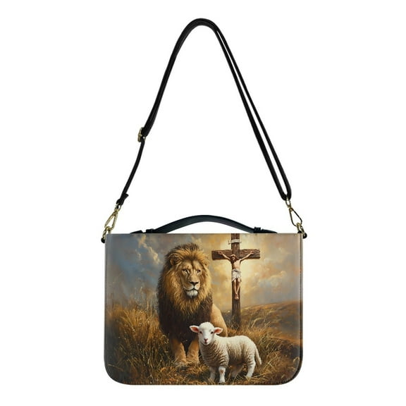 FOR U DESIGNS Lion Sheep Cross Pattern Bible Cover Case Waterproof Bible Carrying Case Multifunctional Church Bag Bible Protective Bible Carrier Tote Bag Christian Gifts, M