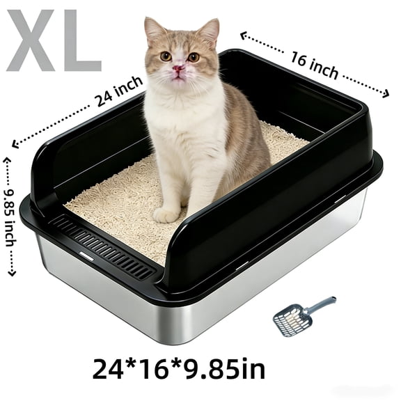 Extra Large Stainless Steel Cat Litter Pan with High Sides, 23.6x15.7x9.8 Inches, Odor-Free, Leak-Proof & Easy-Clean Metal Litter Box for Big Cats, Comes with Scoop