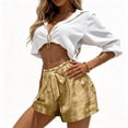 thumbnail image 5 of Oiangi Metallic Shorts for Women Elastic Waist Tie Front Boxers Sparkly Satin Straight Leg Shorts for Summer Party Gold 2XL, 5 of 6