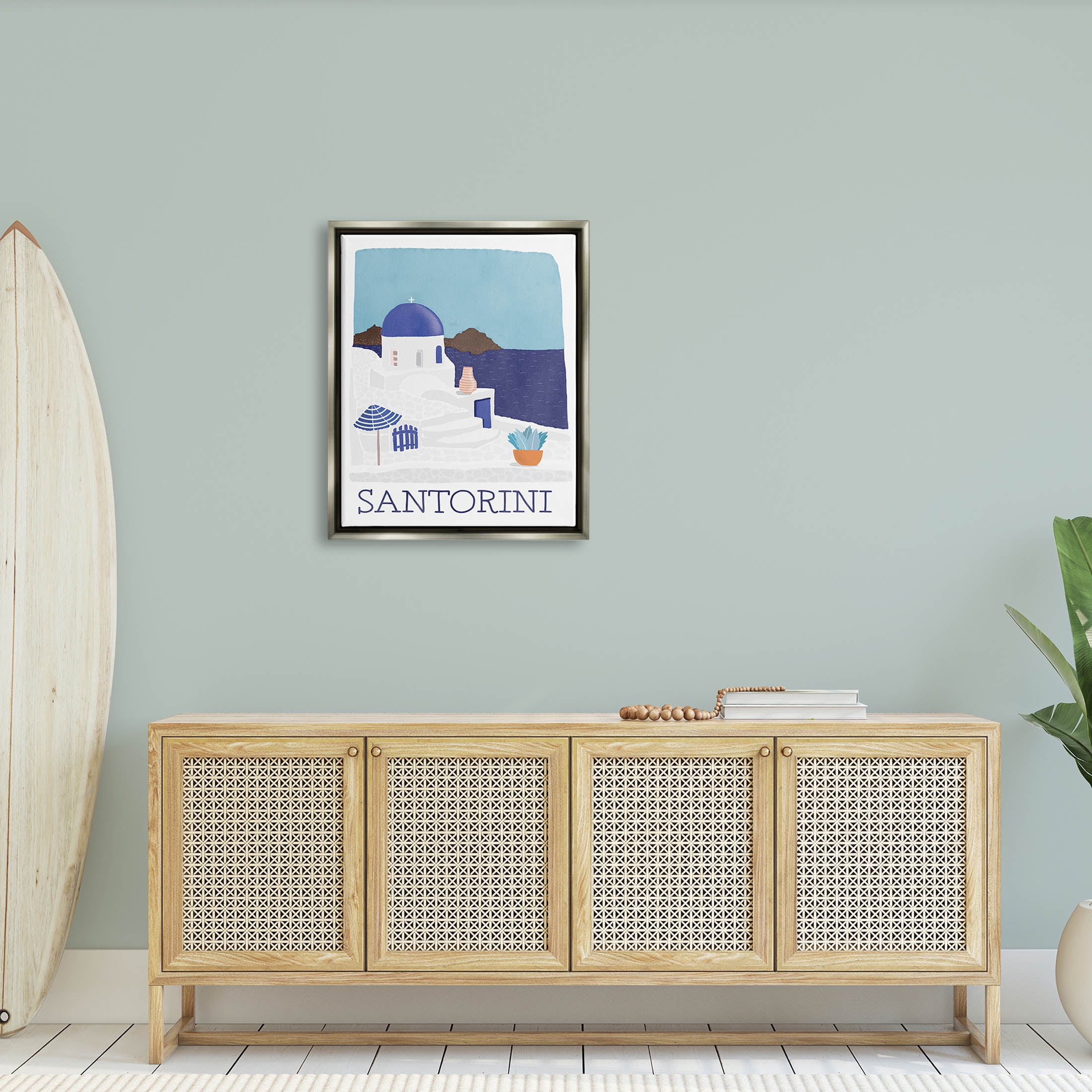 Santorini Vacation Island View Landscape Graphic Art Luster Gray Framed Art Print Wall Art